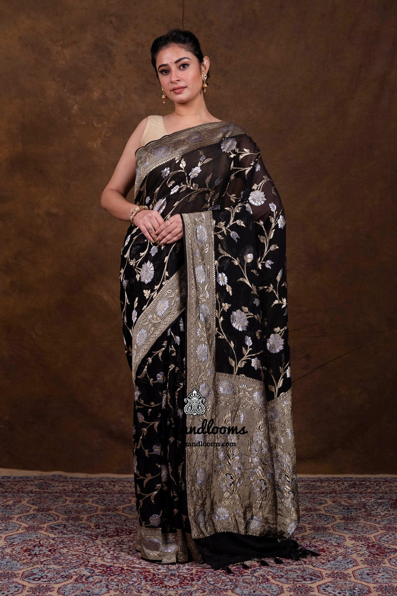 Pure Khaddi Georgette Handloom Banarasi Saree - All Over Sona Roopa Jaal Work