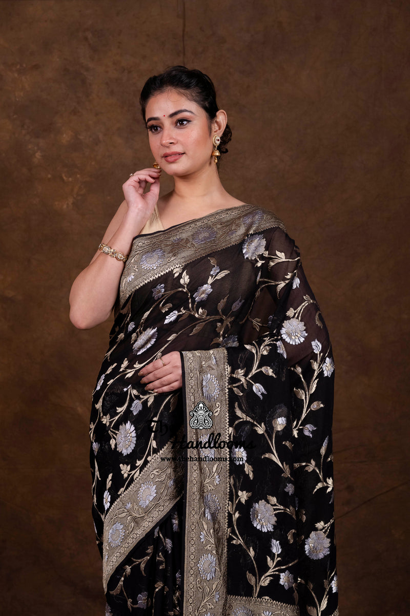 Pure Khaddi Georgette Handloom Banarasi Saree - All Over Sona Roopa Jaal Work