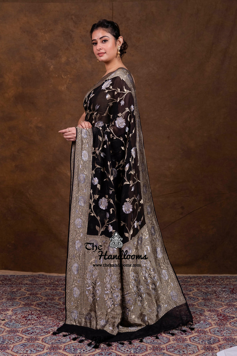 Pure Khaddi Georgette Handloom Banarasi Saree - All Over Sona Roopa Jaal Work