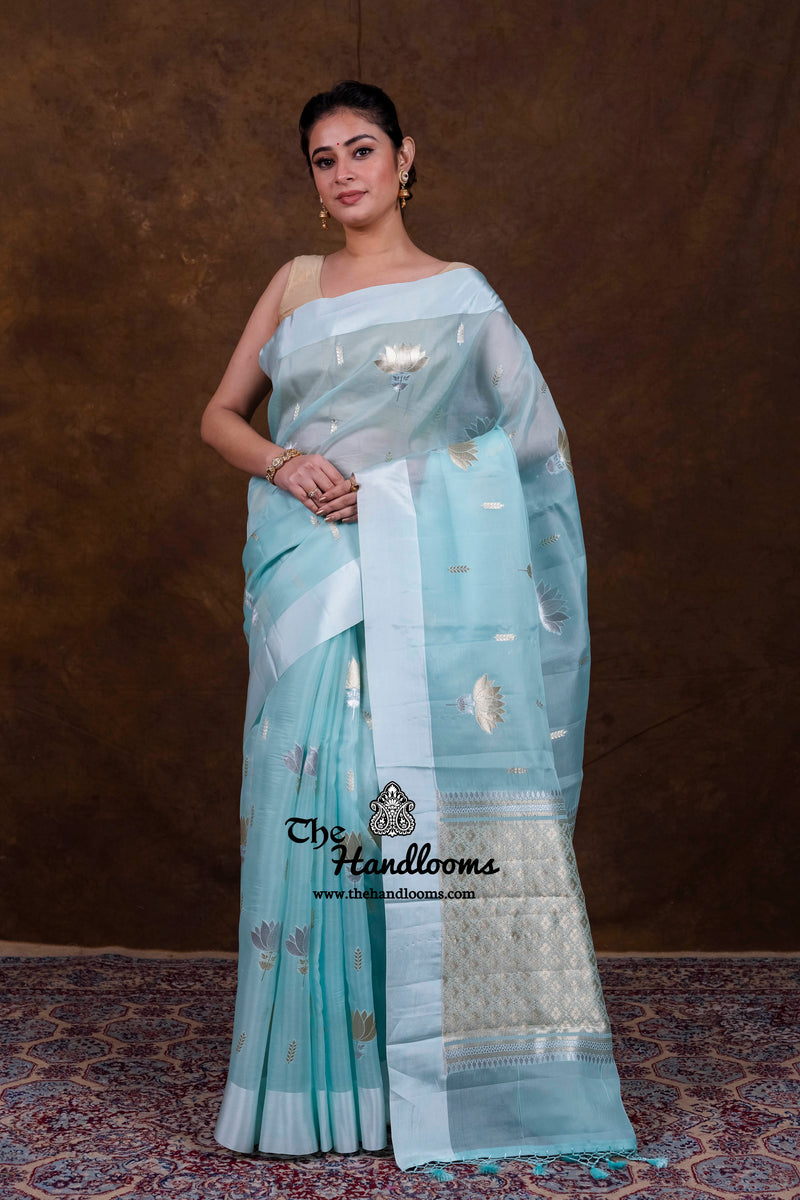 Pure Kora Silk Handloom Banarasi Saree - All Over Sona Roopa Jaal Work