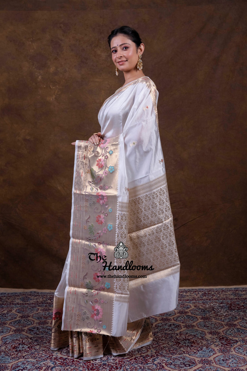 White Pure Mango Silk Banarasi Handloom Saree