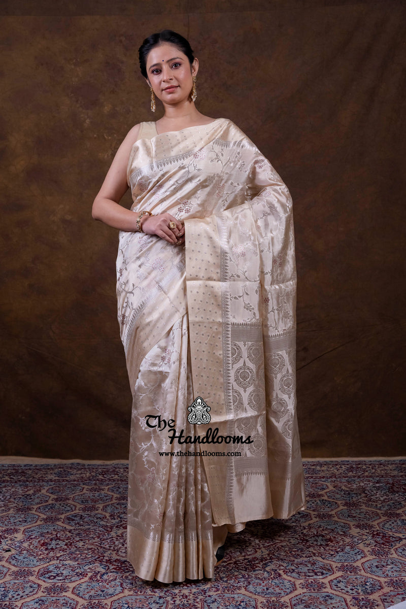 Cream Pure Mango Silk Banarasi Handloom Saree