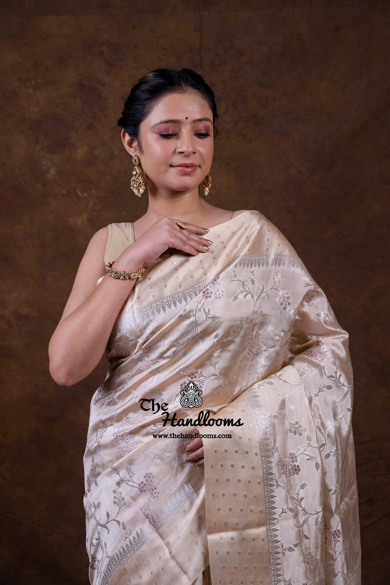 Cream Pure Mango Silk Banarasi Handloom Saree