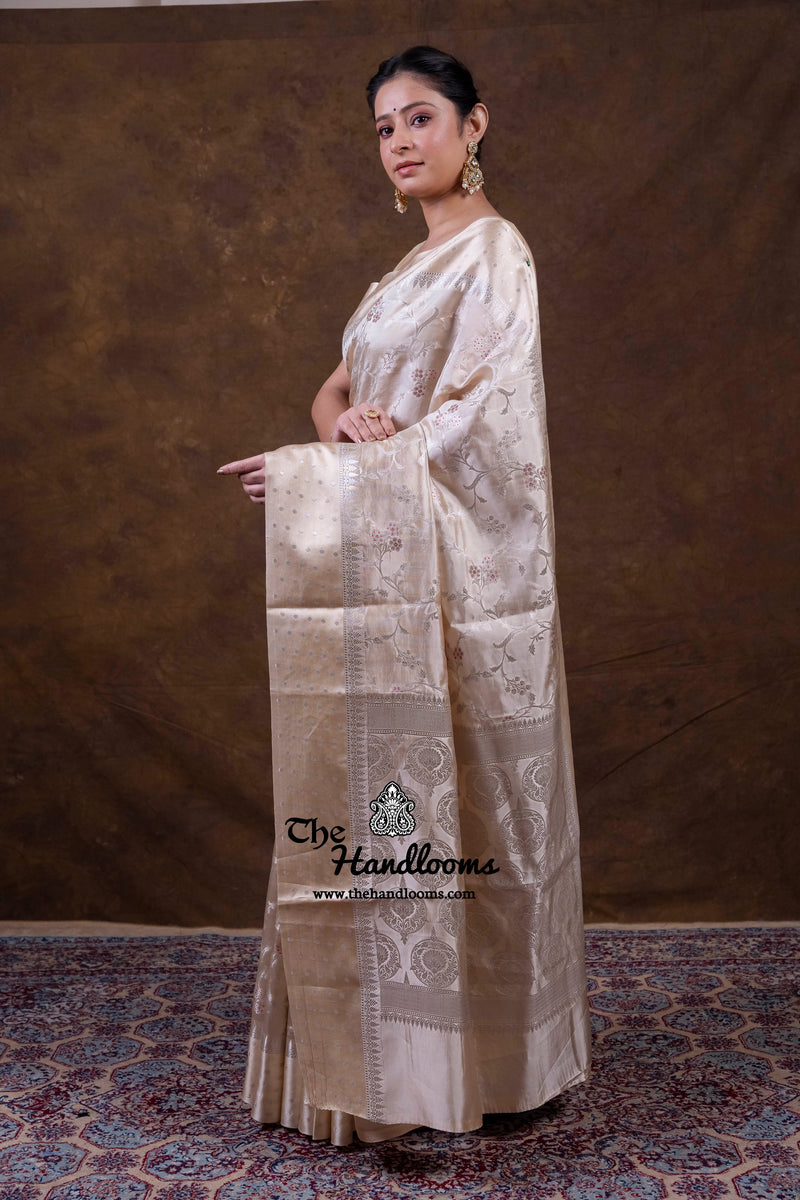 Cream Pure Mango Silk Banarasi Handloom Saree