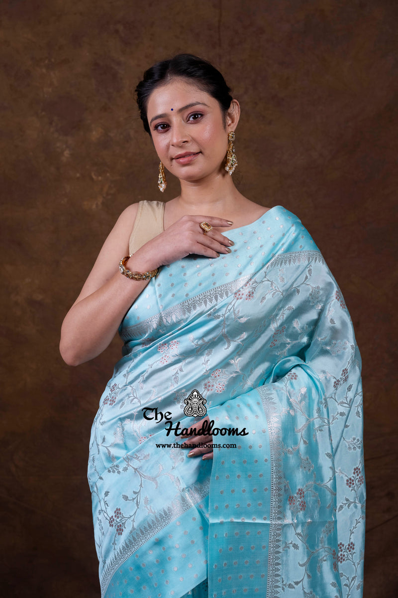 Aqua Blue Pure Mango Silk Banarasi Handloom Saree