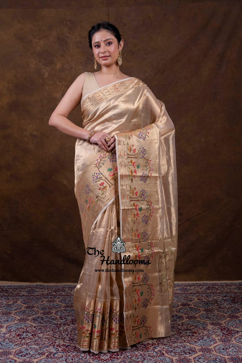 Pure Kora Tissue Handloom Banarasi Saree - Paithani Border