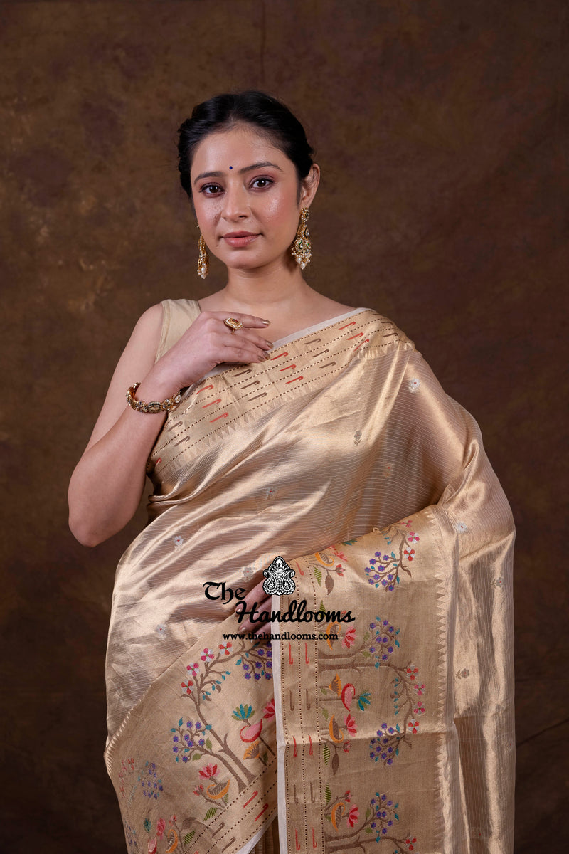 Pure Kora Tissue Handloom Banarasi Saree - Paithani Border