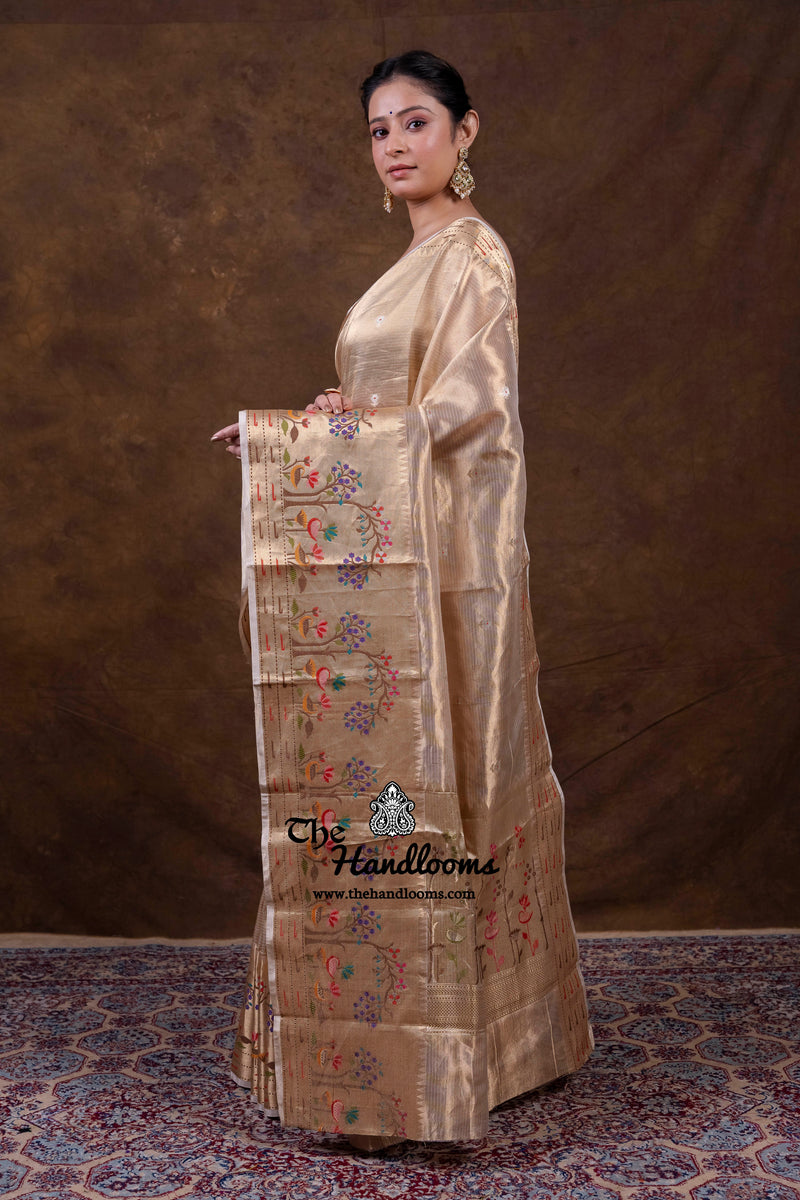 Pure Kora Tissue Handloom Banarasi Saree - Paithani Border