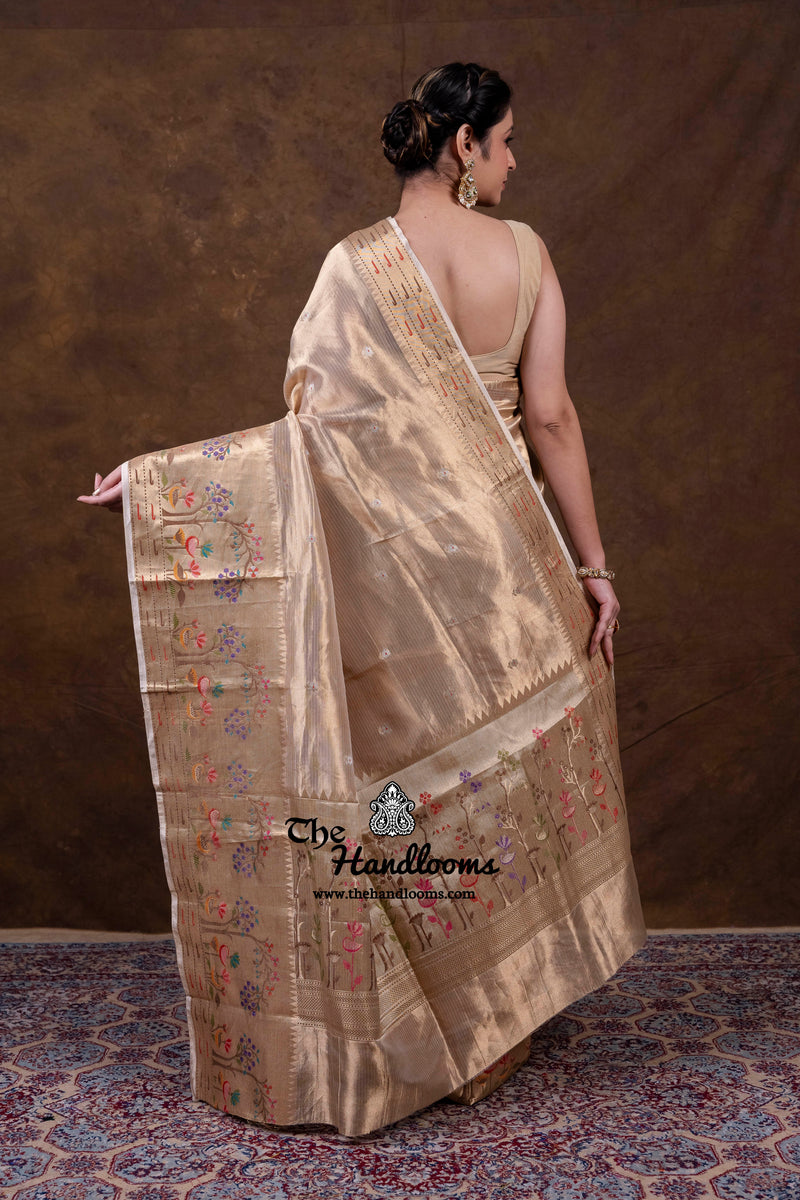 Pure Kora Tissue Handloom Banarasi Saree - Paithani Border