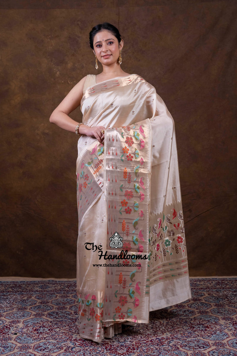 Cream Pure Mango Silk Banarasi Handloom Saree