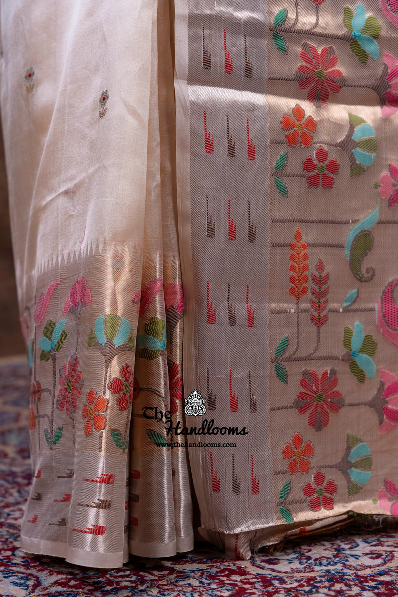 Cream Pure Mango Silk Banarasi Handloom Saree