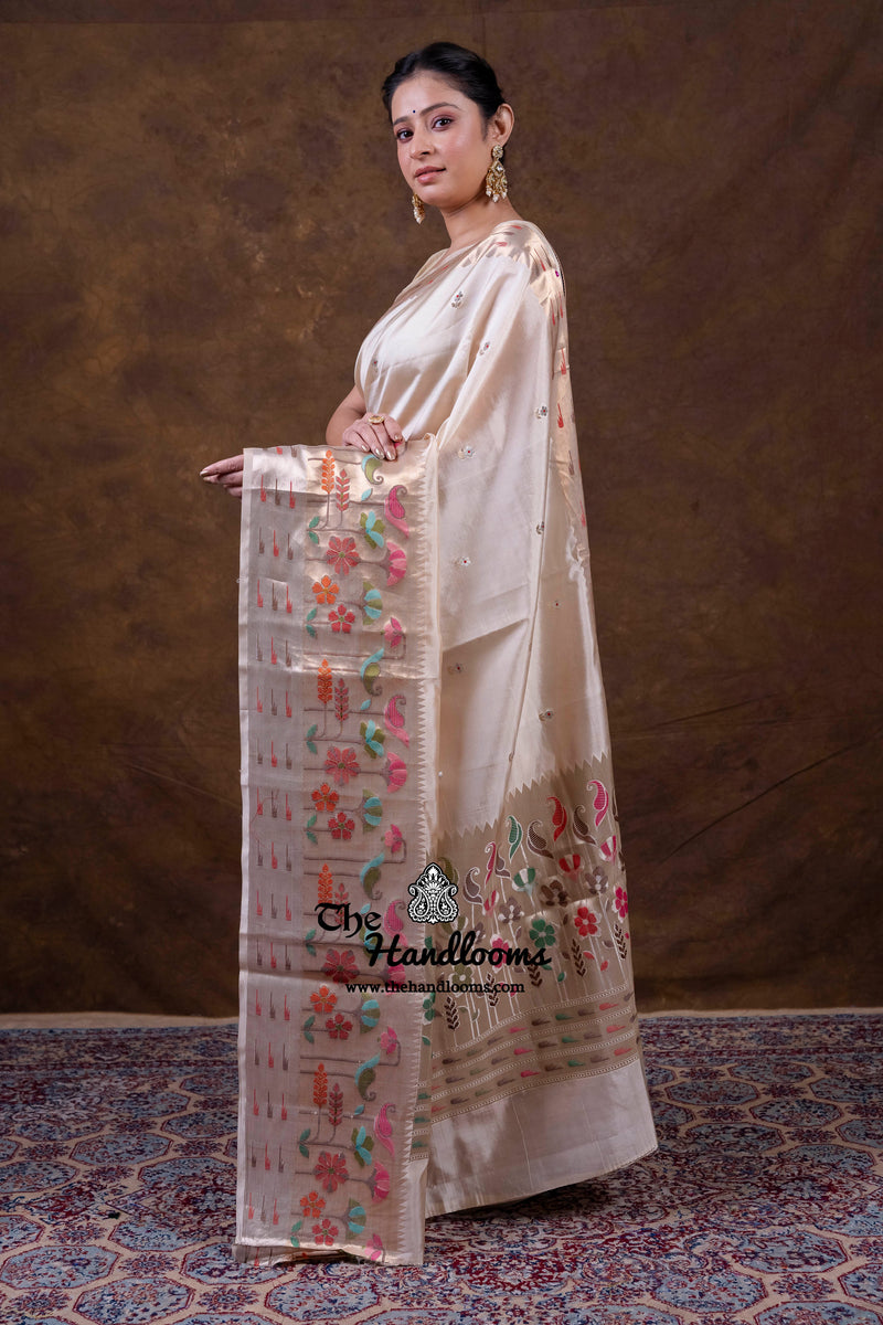 Cream Pure Mango Silk Banarasi Handloom Saree