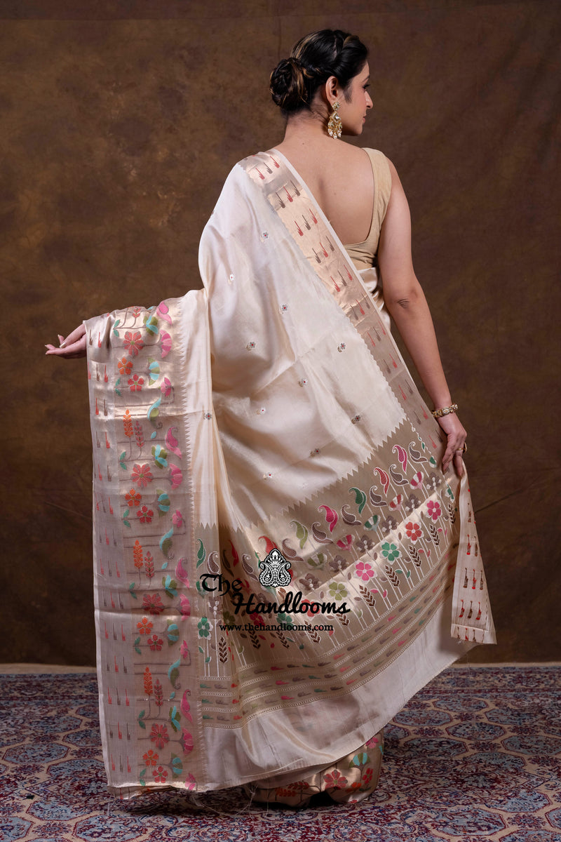 Cream Pure Mango Silk Banarasi Handloom Saree