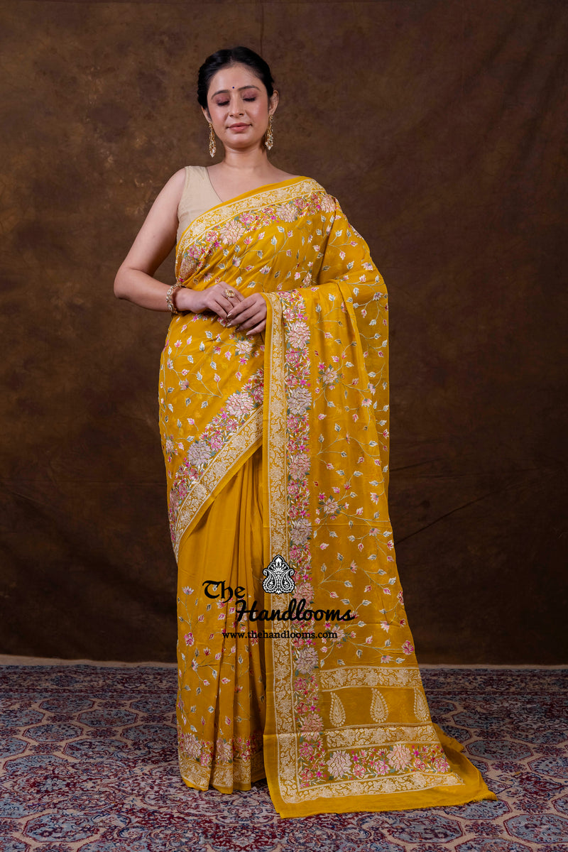 Honey Pure Georgette Chikankari Handloom Banarasi Saree