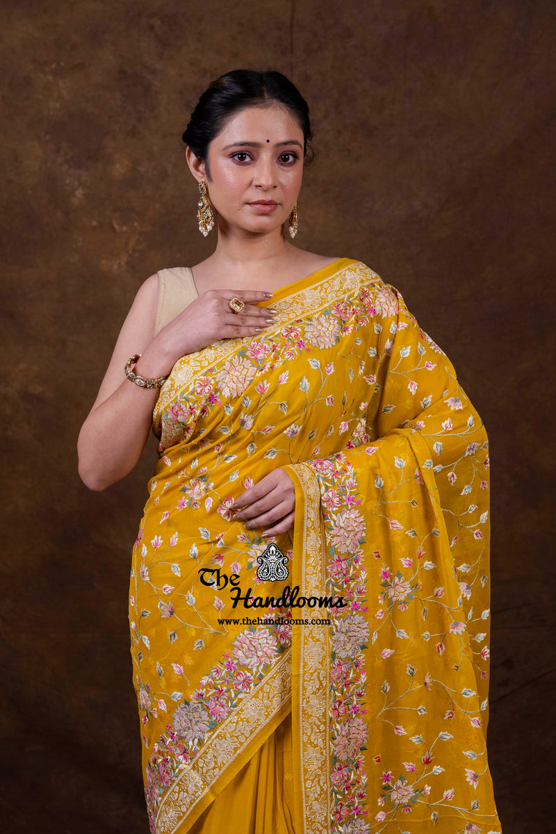 Honey Pure Georgette Chikankari Handloom Banarasi Saree