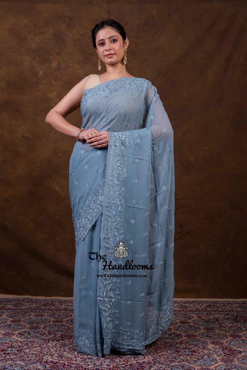 Grey Pure Georgette Chikankari Handloom Banarasi Saree