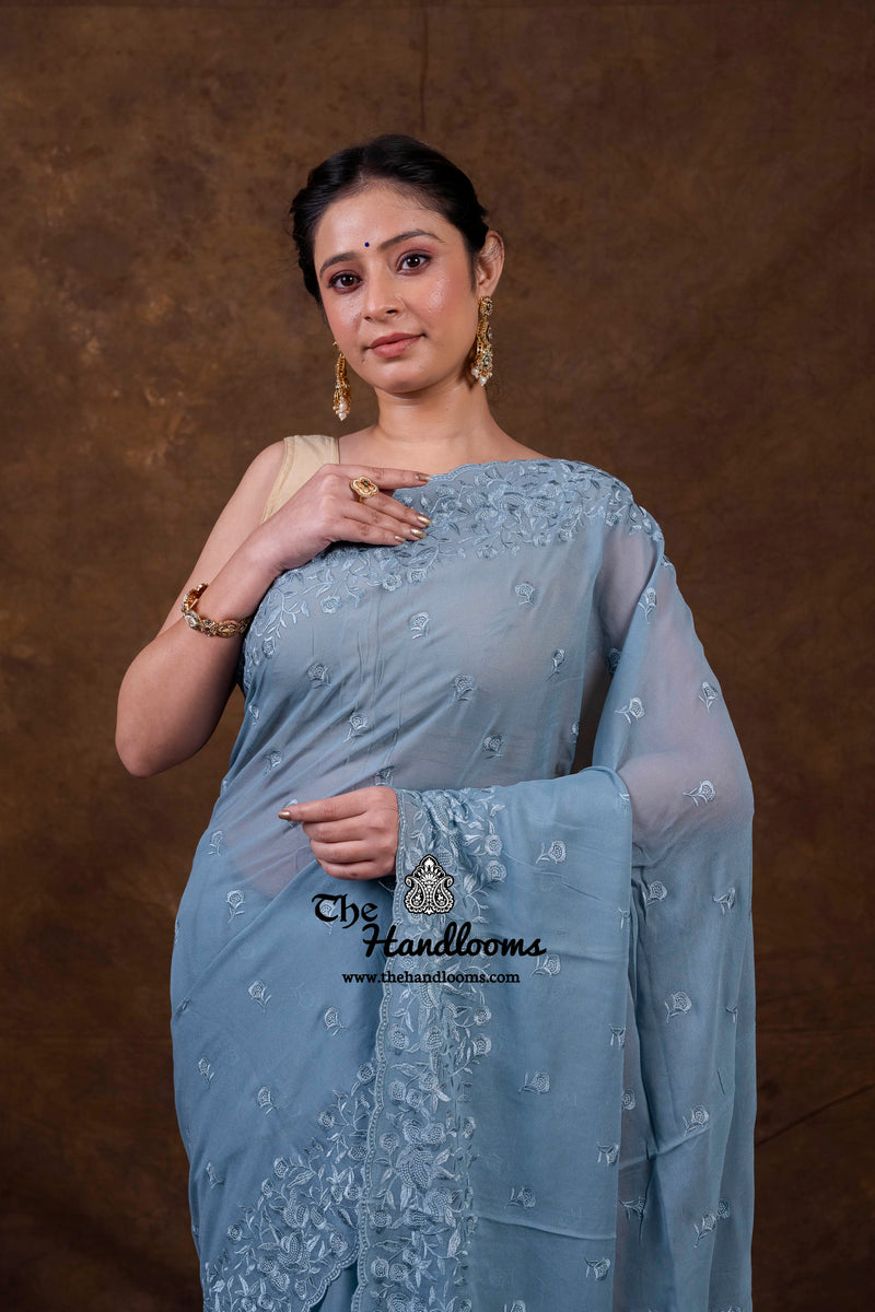 Grey Pure Georgette Chikankari Handloom Banarasi Saree