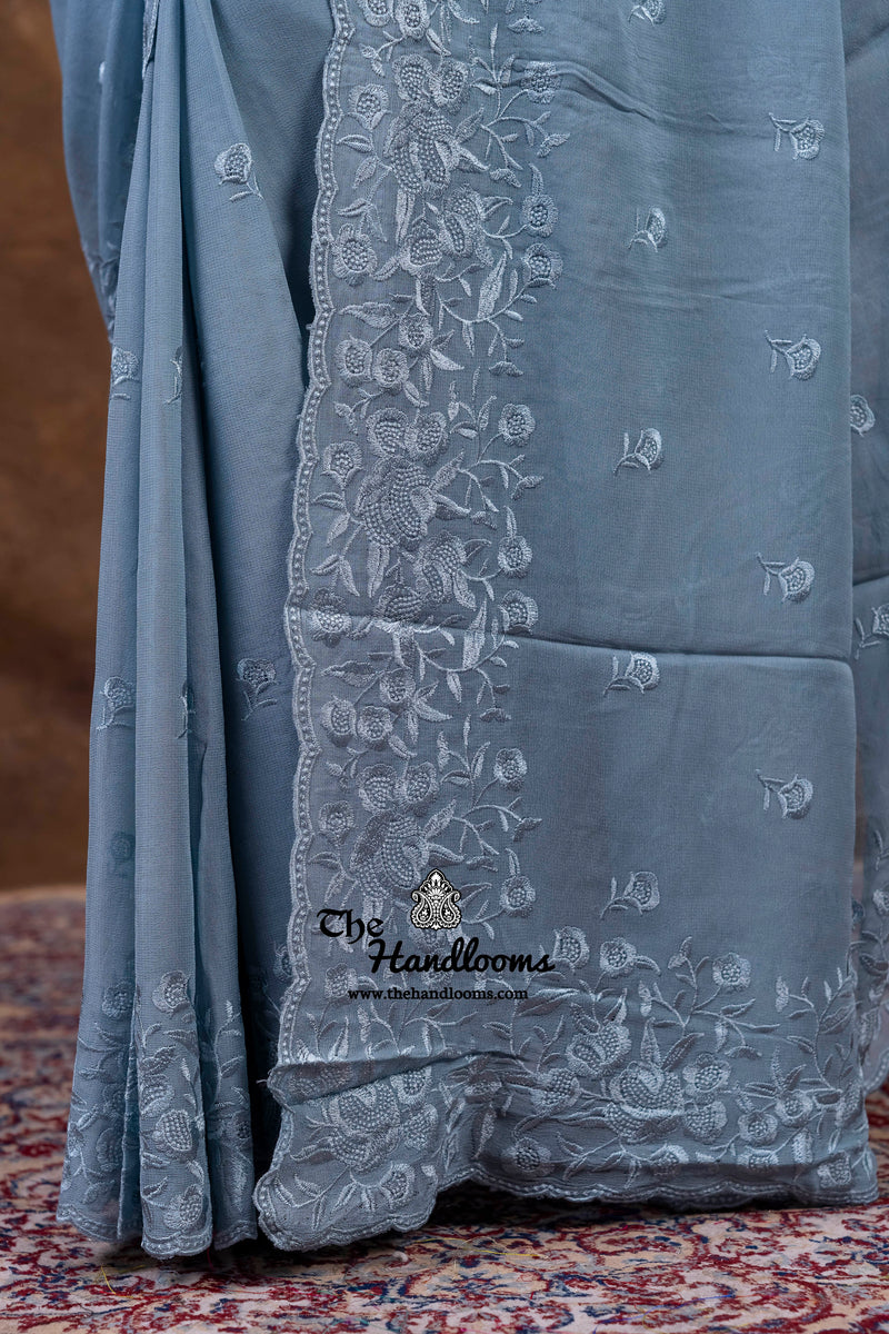 Grey Pure Georgette Chikankari Handloom Banarasi Saree