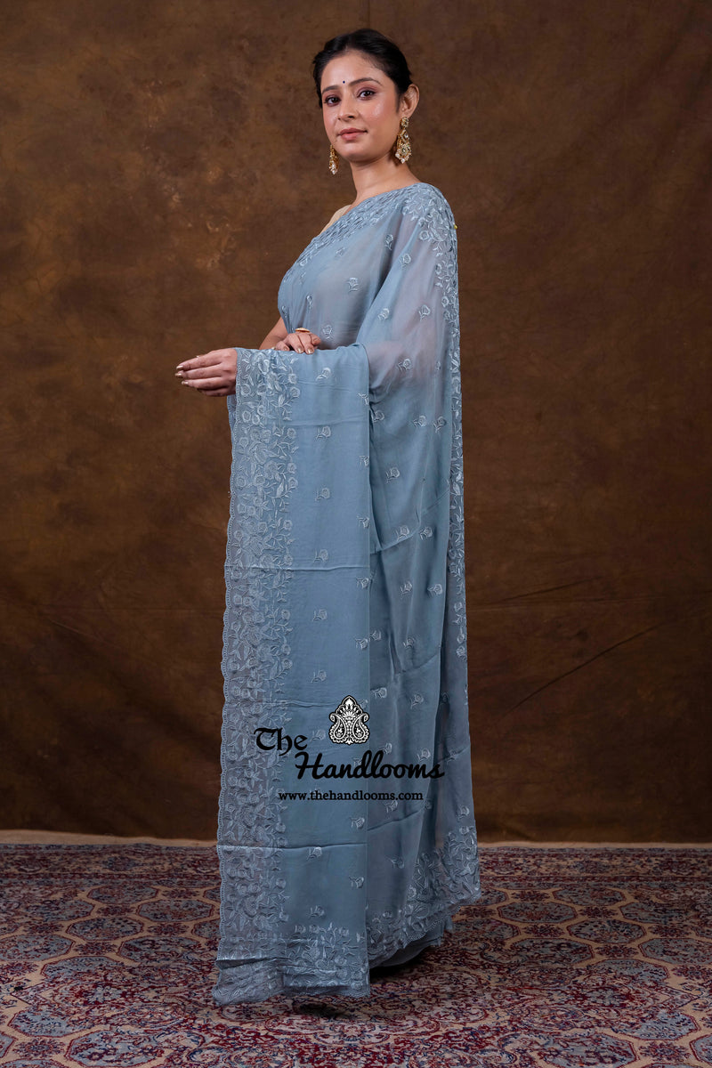 Grey Pure Georgette Chikankari Handloom Banarasi Saree