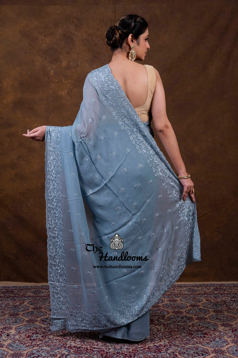 Grey Pure Georgette Chikankari Handloom Banarasi Saree