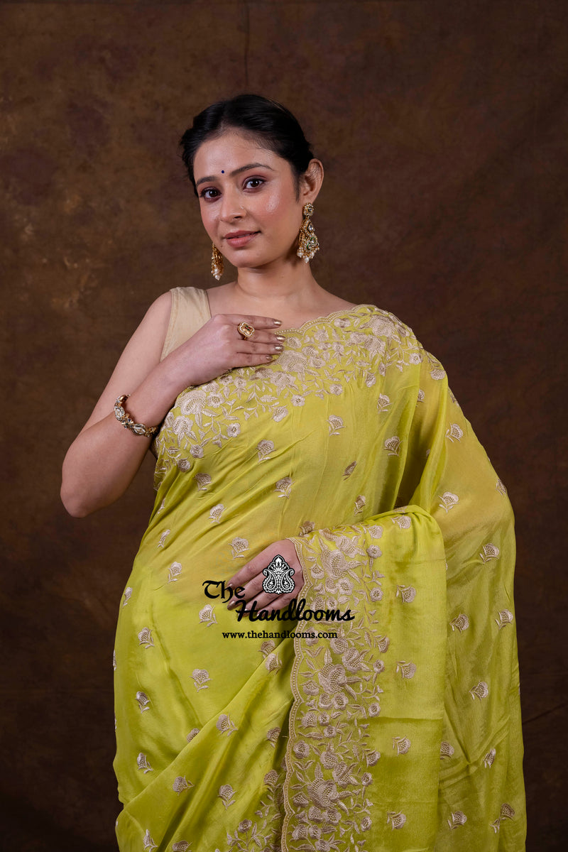 Pure Georgette Chikankari Handloom Banarasi Saree