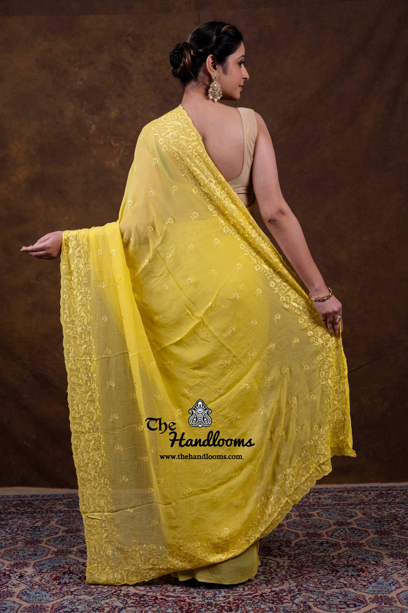 Yellow Pure Georgette Chikankari Handloom Banarasi Saree
