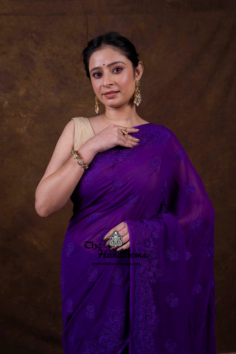 Pure Georgette Chikankari Handloom Banarasi Saree