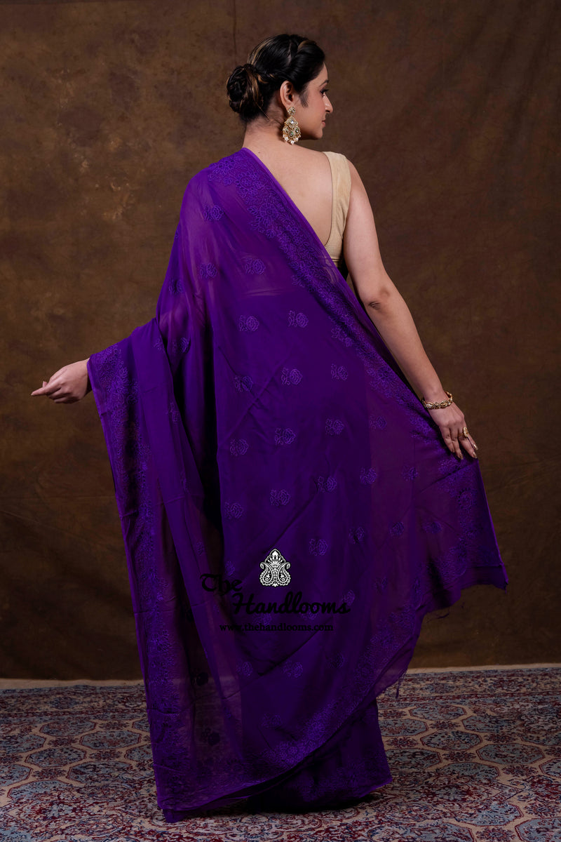 Pure Georgette Chikankari Handloom Banarasi Saree