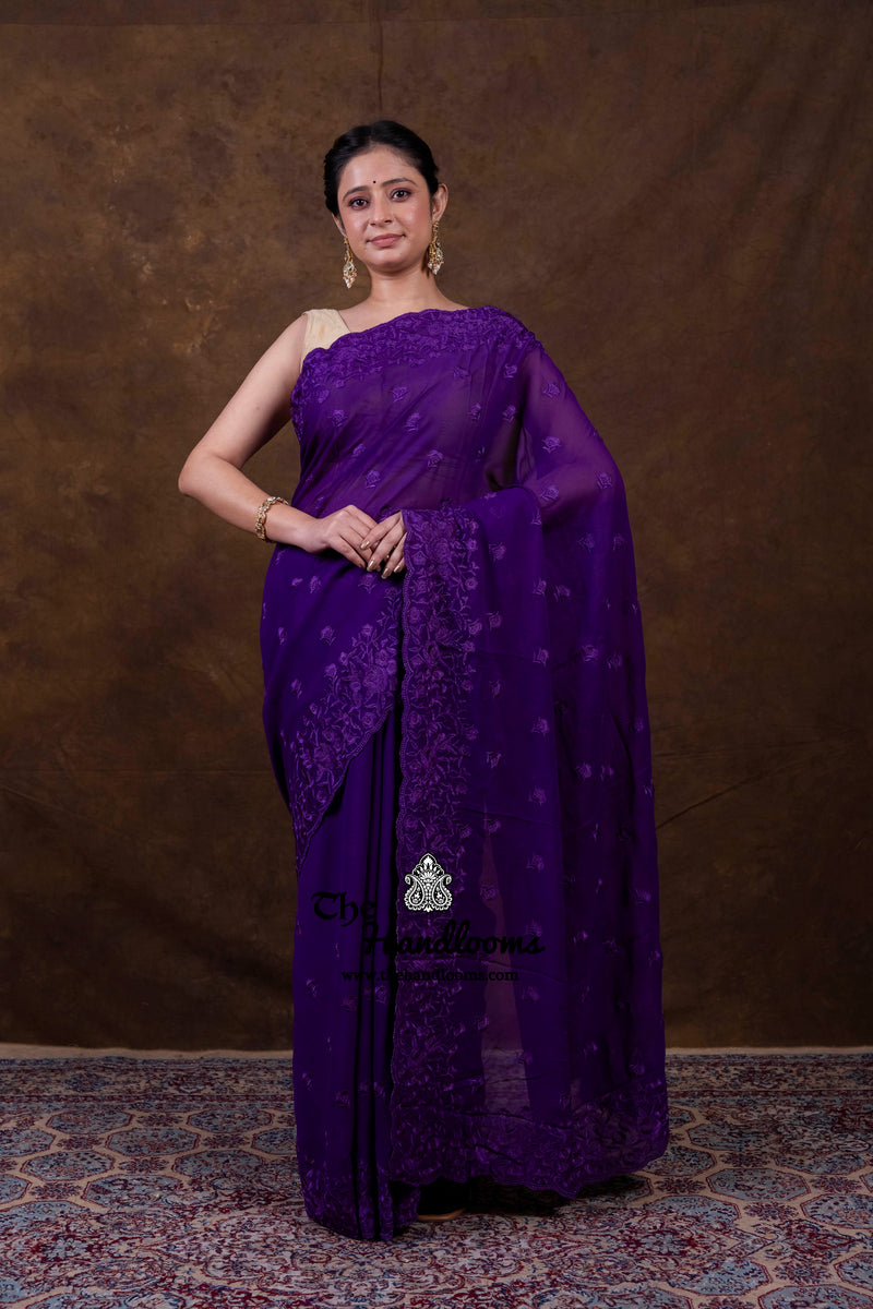 Pure Georgette Chikankari Handloom Banarasi Saree