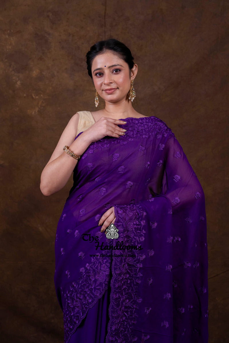 Pure Georgette Chikankari Handloom Banarasi Saree