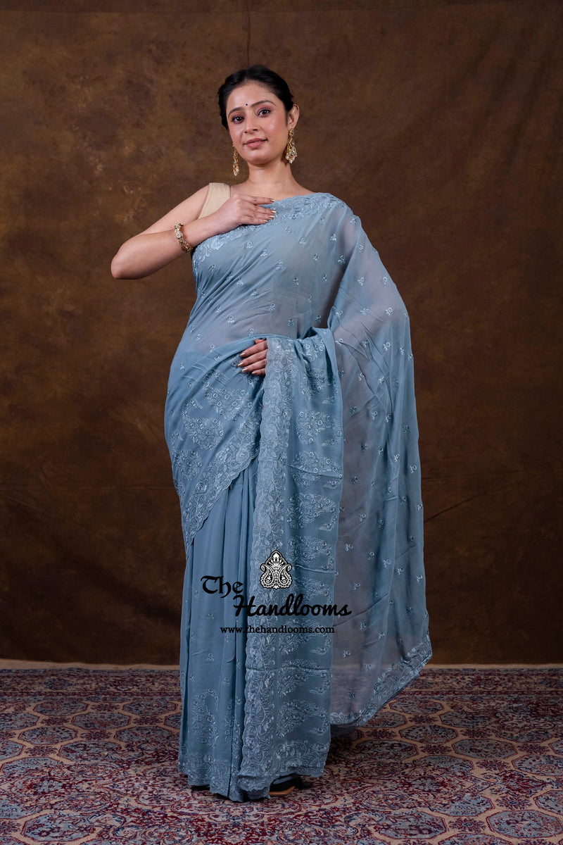 Pure Georgette Chikankari Handloom Banarasi Saree