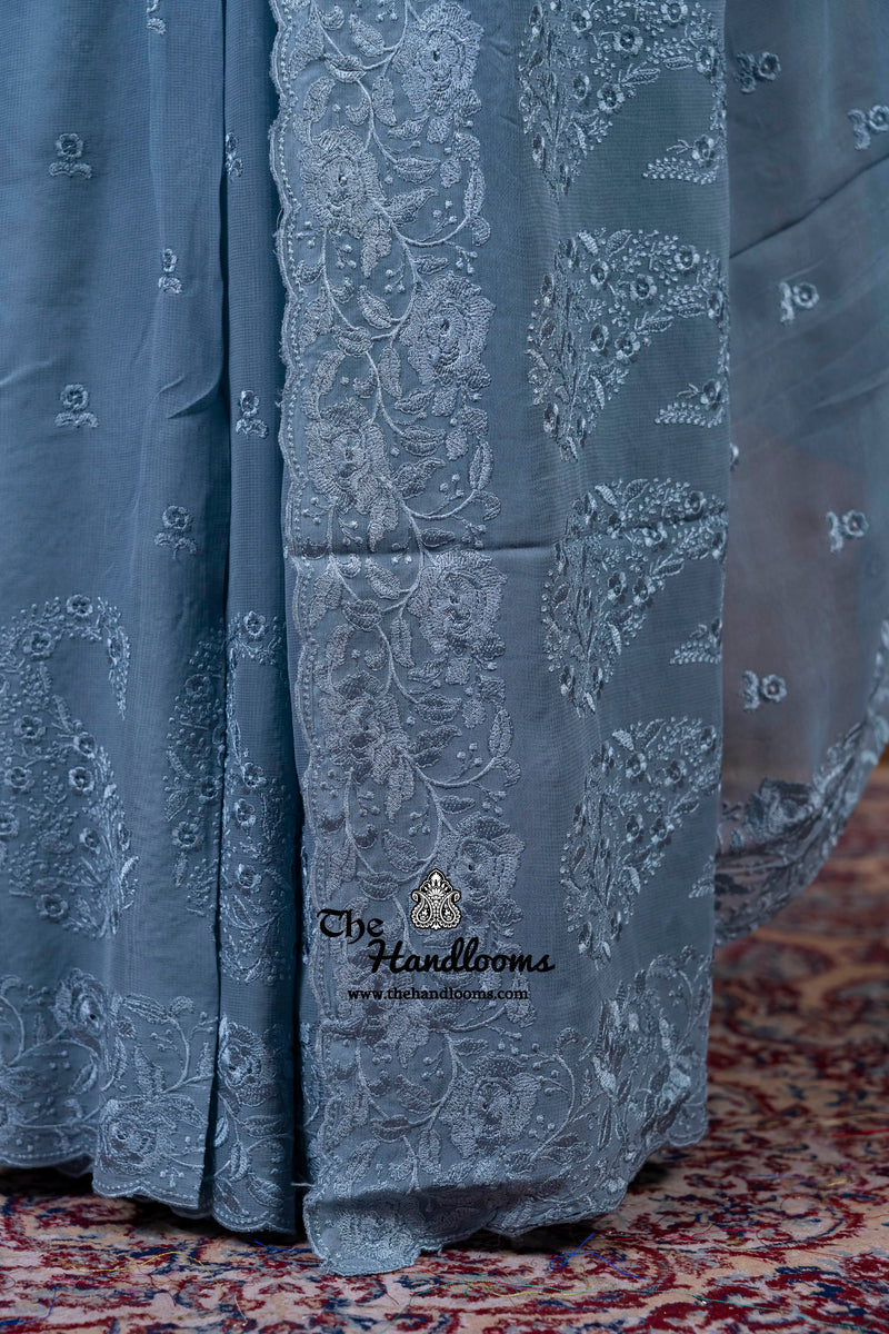 Pure Georgette Chikankari Handloom Banarasi Saree