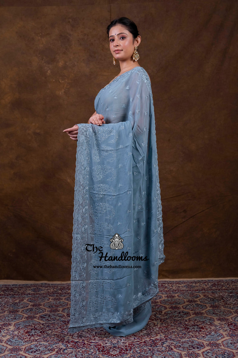 Pure Georgette Chikankari Handloom Banarasi Saree