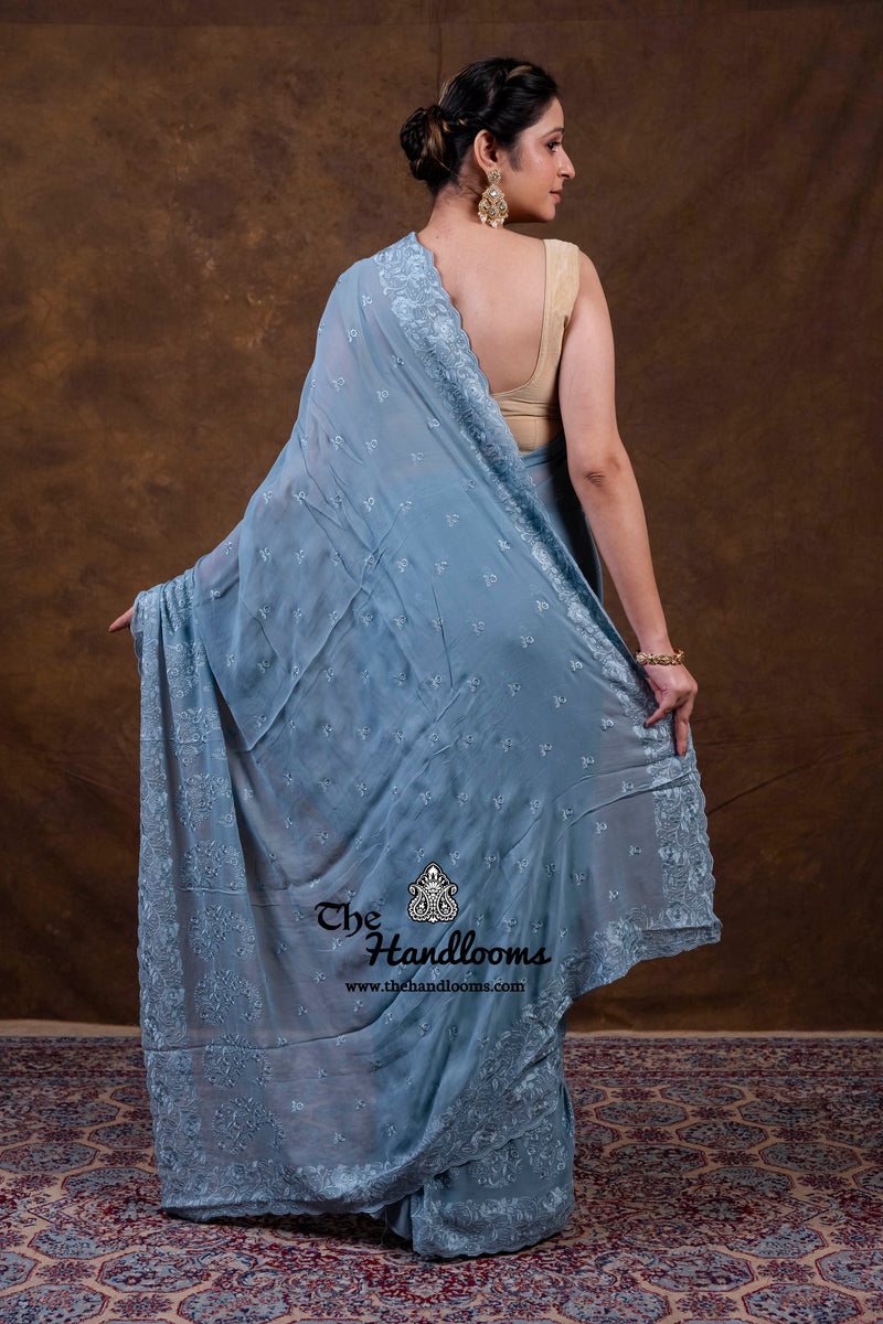 Pure Georgette Chikankari Handloom Banarasi Saree