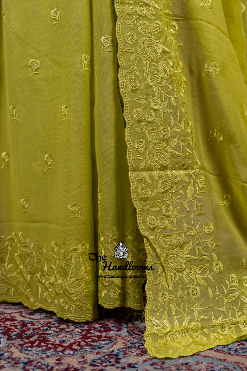 Pure Georgette Chikankari Handloom Banarasi Saree