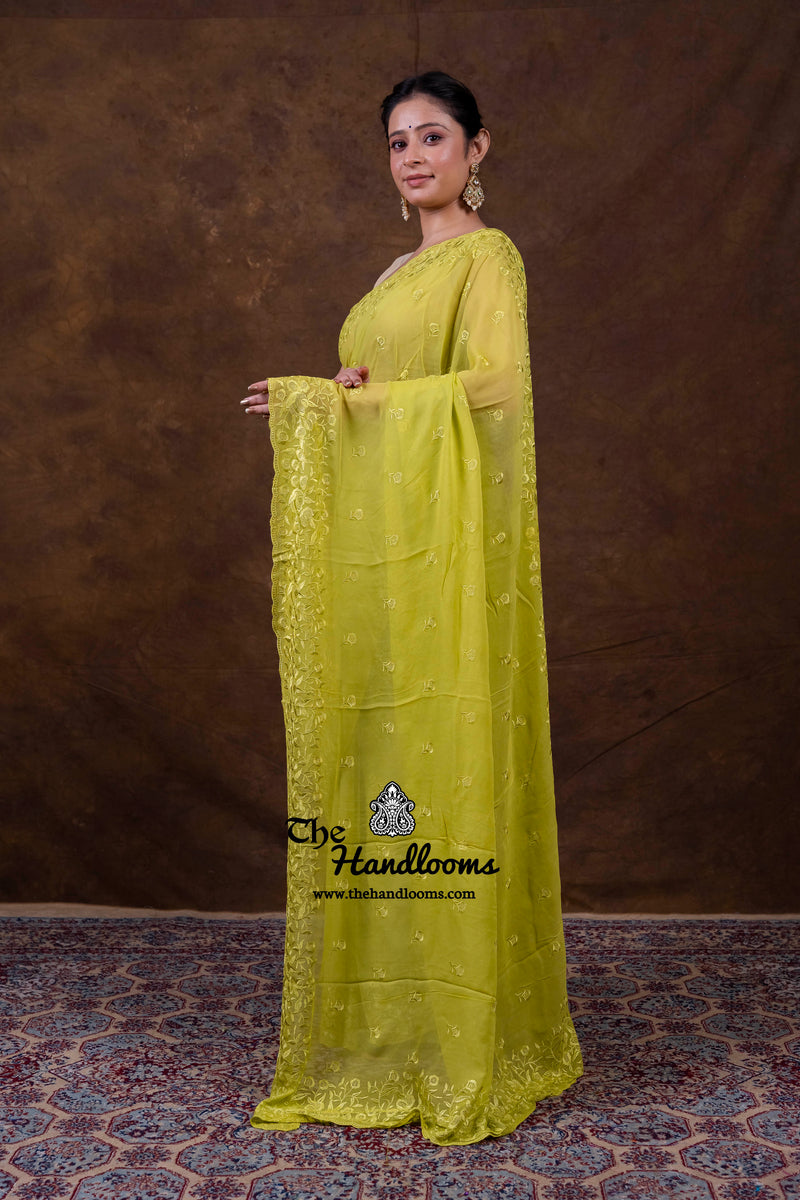 Pure Georgette Chikankari Handloom Banarasi Saree