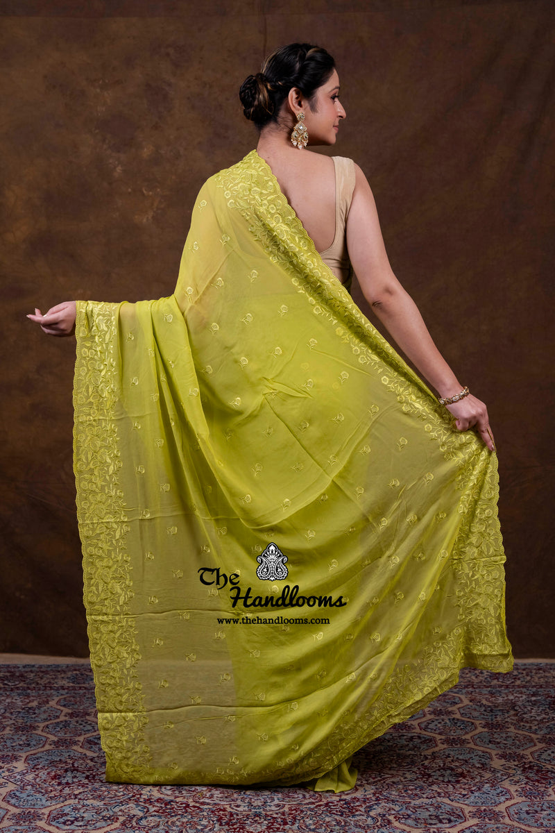 Pure Georgette Chikankari Handloom Banarasi Saree