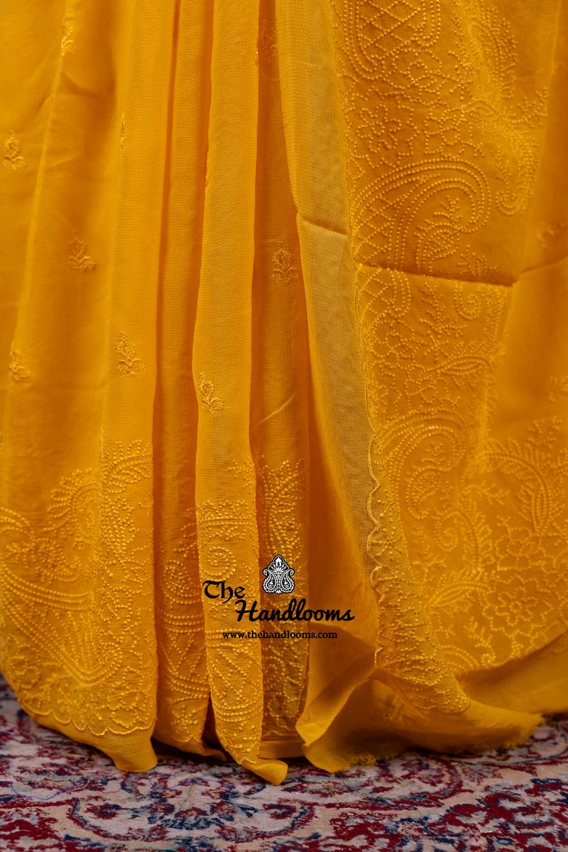 Pure Georgette Chikankari Handloom Banarasi Saree