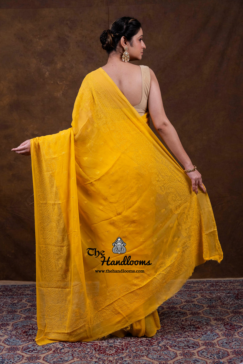 Pure Georgette Chikankari Handloom Banarasi Saree