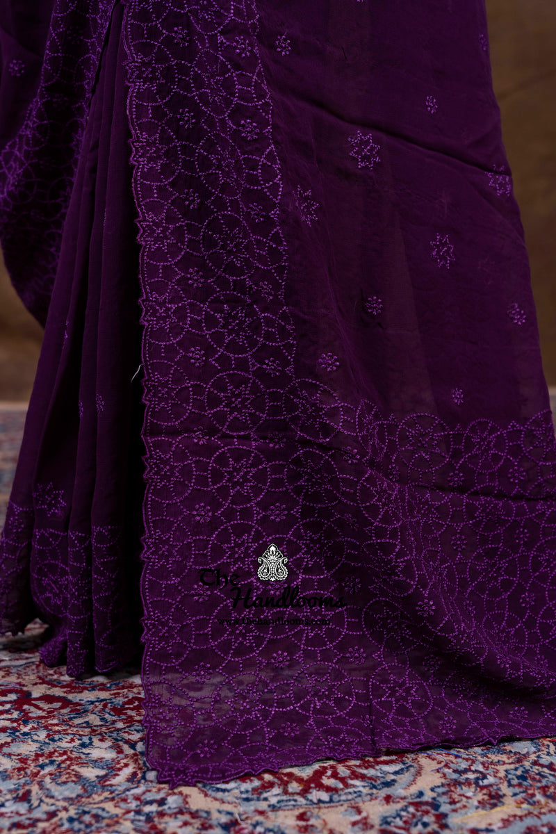 Deep Purple Pure Georgette Chikankari Handloom Banarasi Saree