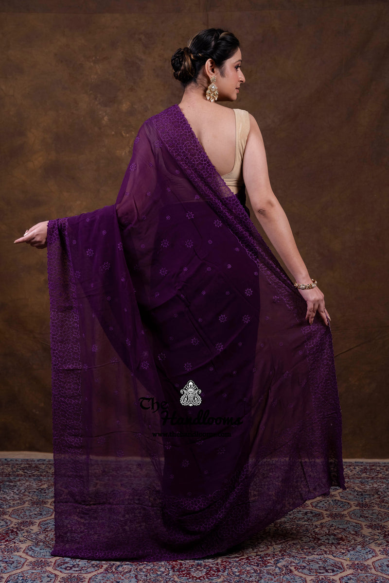 Deep Purple Pure Georgette Chikankari Handloom Banarasi Saree