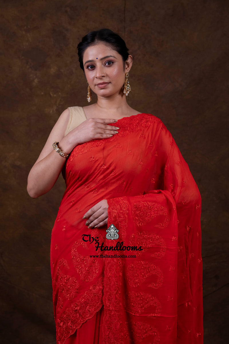 Red Pure Georgette Chikankari Handloom Banarasi Saree