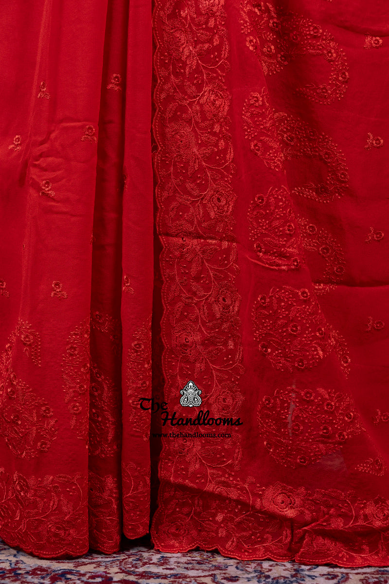 Red Pure Georgette Chikankari Handloom Banarasi Saree