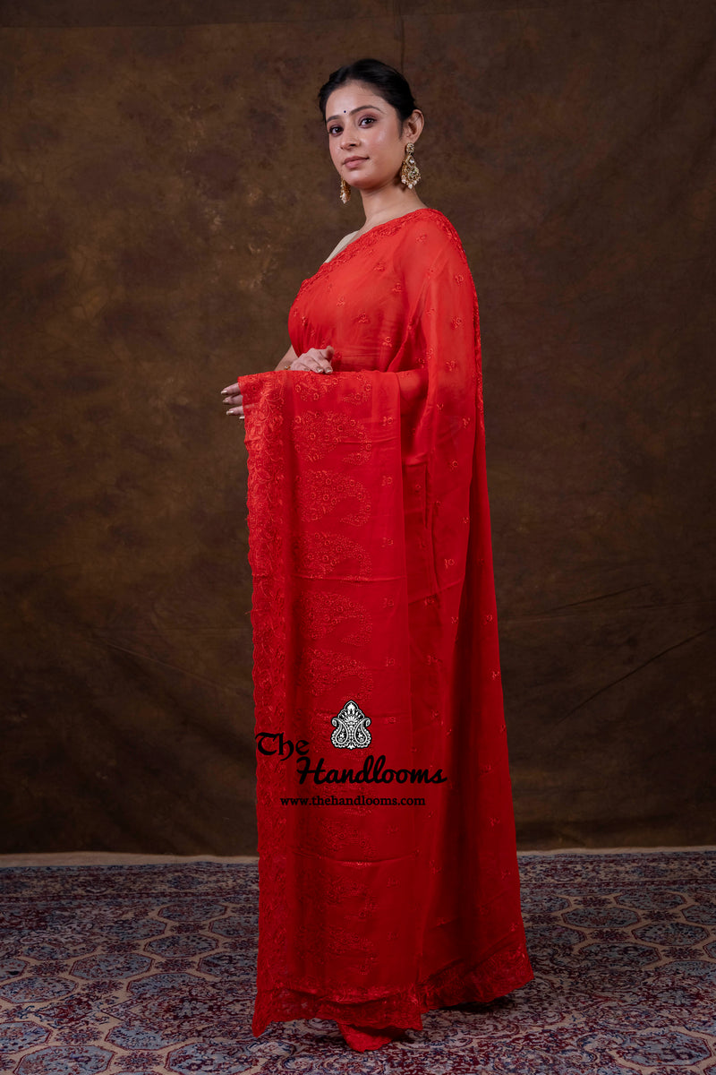 Red Pure Georgette Chikankari Handloom Banarasi Saree
