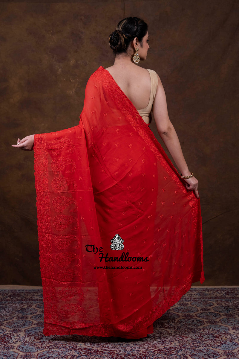 Red Pure Georgette Chikankari Handloom Banarasi Saree