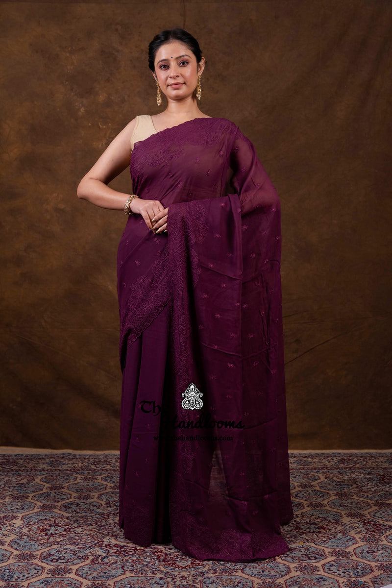 Pure Georgette Chikankari Handloom Banarasi Saree