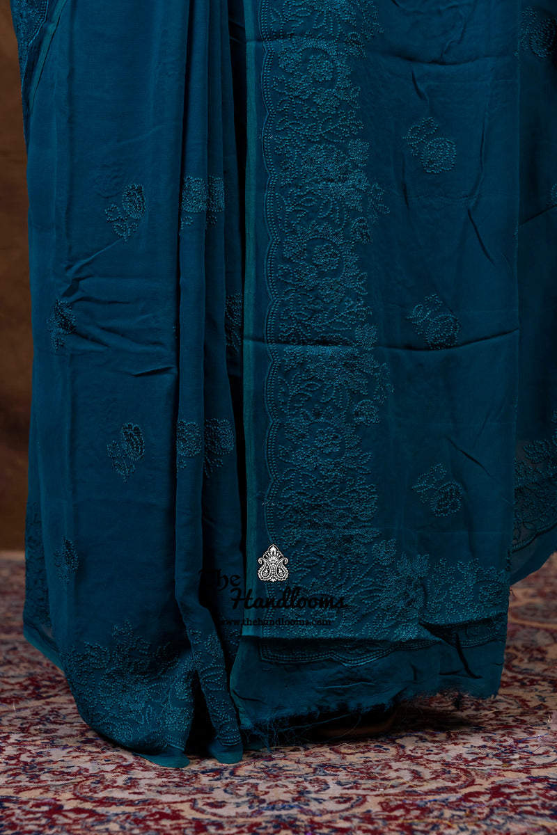 Pure Georgette Chikankari Handloom Banarasi Saree