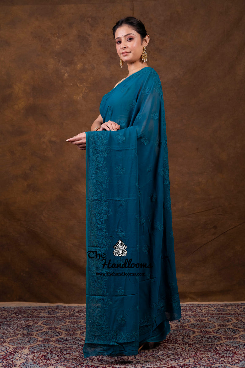 Pure Georgette Chikankari Handloom Banarasi Saree