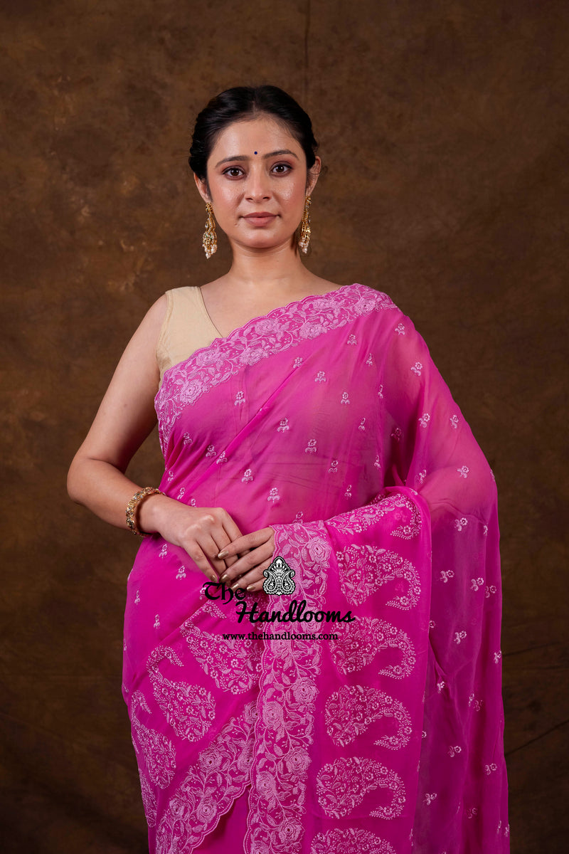 Pure Georgette Chikankari Handloom Banarasi Saree