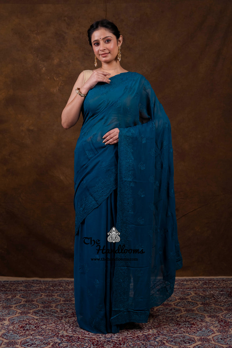 Pure Georgette Chikankari Handloom Banarasi Saree